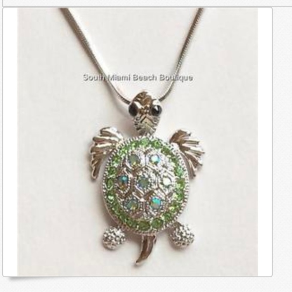 Sea Turtle Necklace Silver Plated Green Crystal Island Nautical 17" Chain